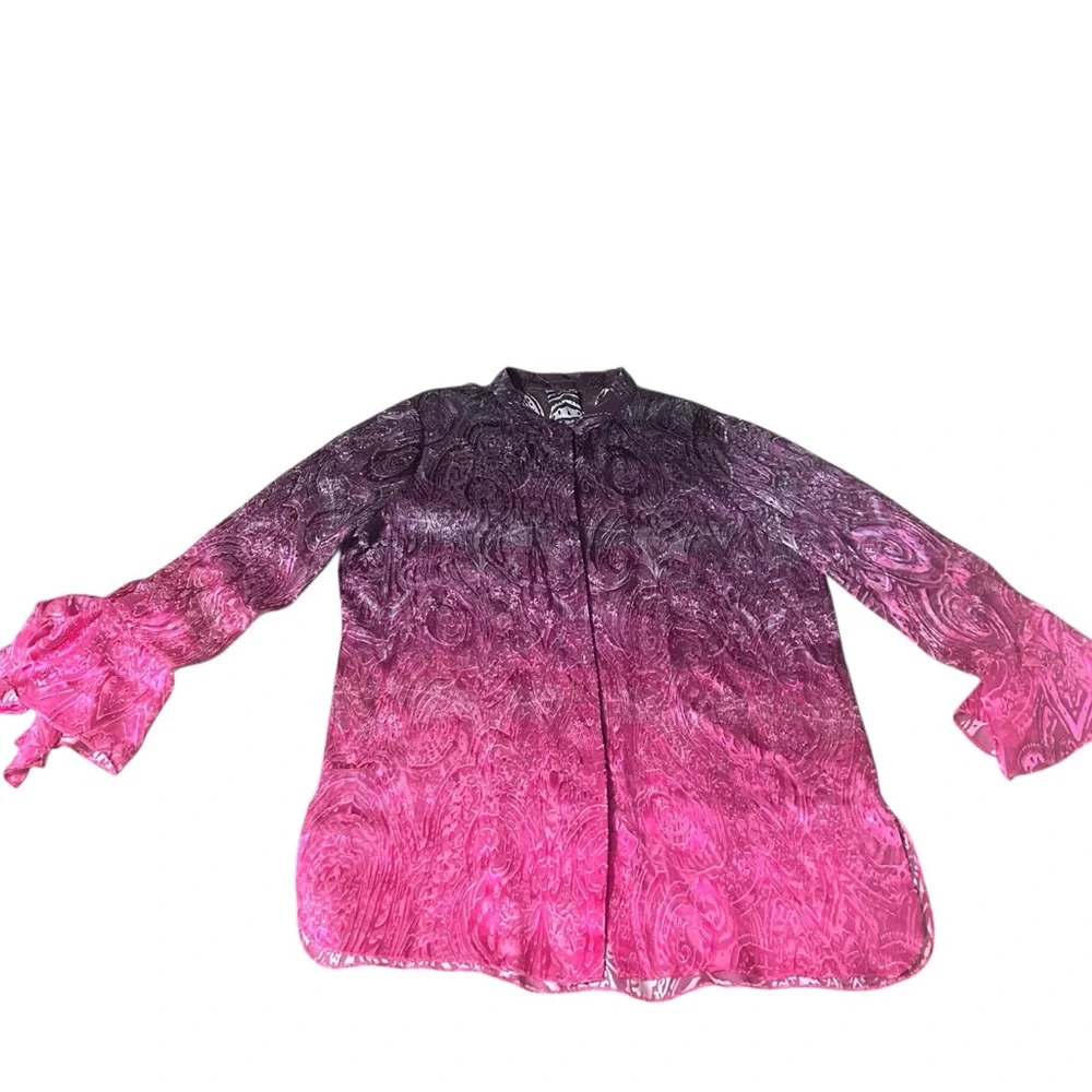 Elie Tahari Silk Blend Ombre Blouse Pink Purple Paisley Sheer Tunic Top